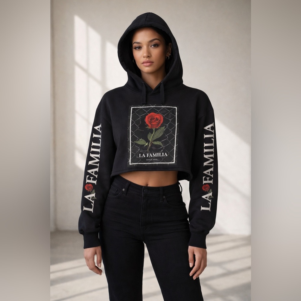 LA FAMILIA FOREVER Black Dark Cropped Graphic Hoodie Romantic Rose Streetwear